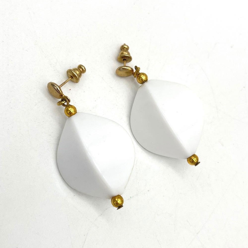 Vintage‎ White Geometric Drop Earrings Gold Tone Stud Dangle Retro Mod